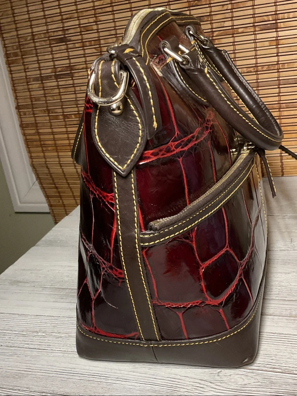 Dooney & Bourke Dillen Double Pocket Satchel Crossbody Red Croc Embossed